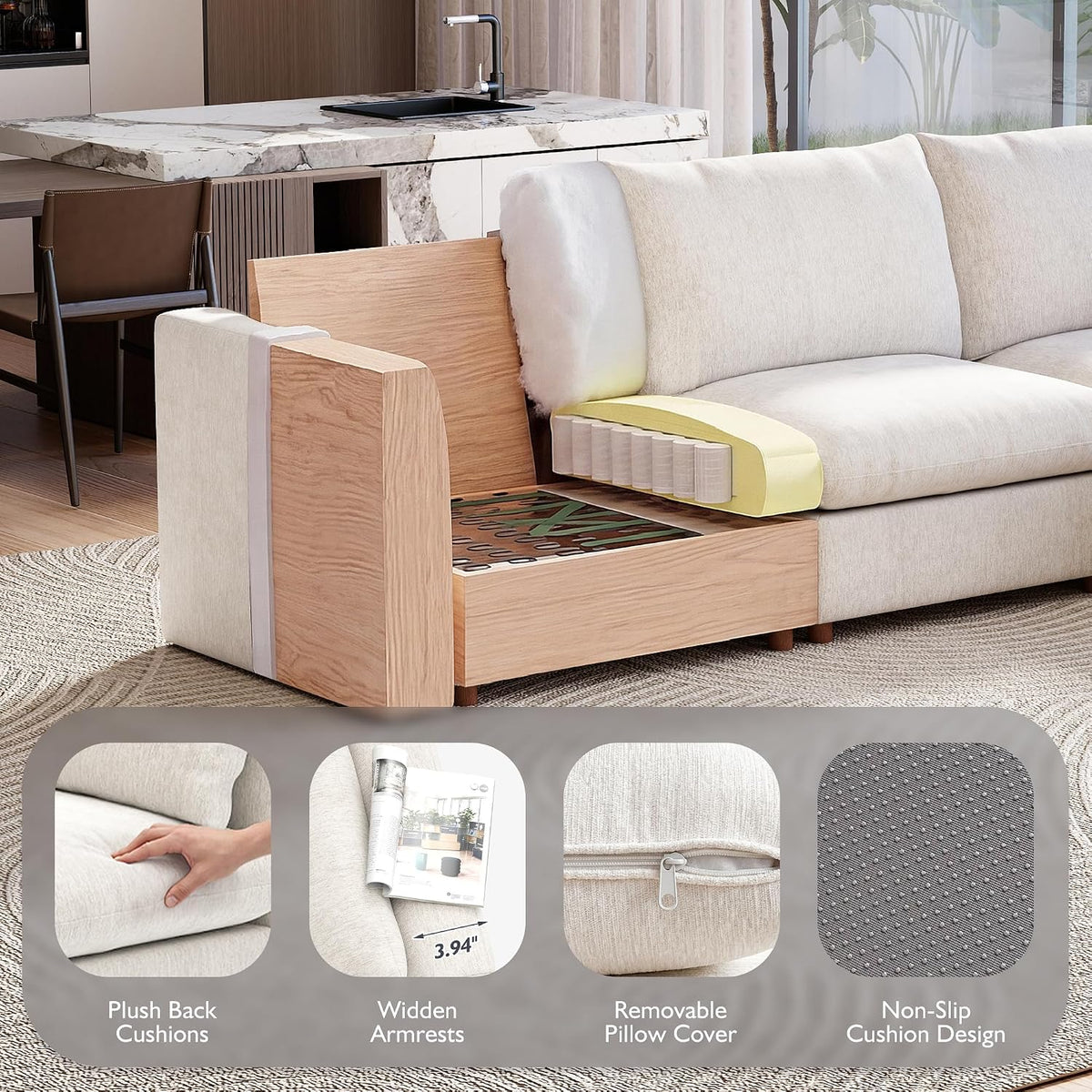 Ihanherry 117" Oversized Modular Sectional Sofa, Modern L Shaped Cloud Couch with Storage Ottoman, 4-Seat Comfy Chenille Deep Seat Sofa with 2 Pillows for Living Room, Beige