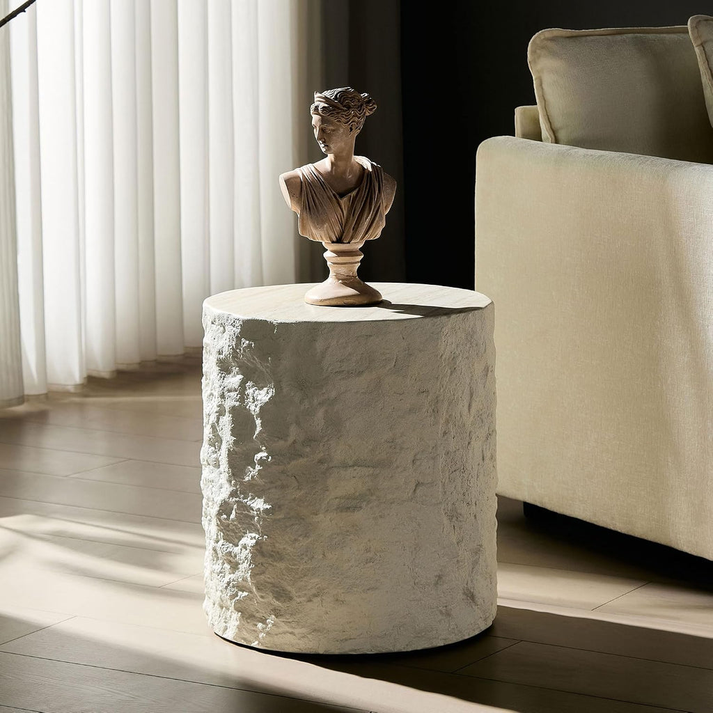 WILLIAMSPACE 15.75" Round End Table Side Table with Cement Stone Pattern for Living Room, Modern Circle Fiberglass Small Coffee Sofa Table, No Need Assembly (Beige)