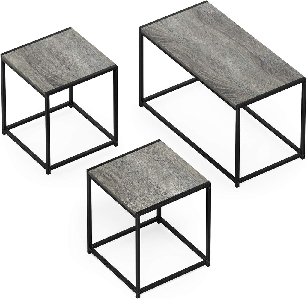 Furinno CAMNUS Metal Frame Living Room Table Set, French Oak Grey | Easy Assembly, Modern Coffee Table and Side Tables Set, End Table, for Couch, for Living Room, Bedroom, Home Office