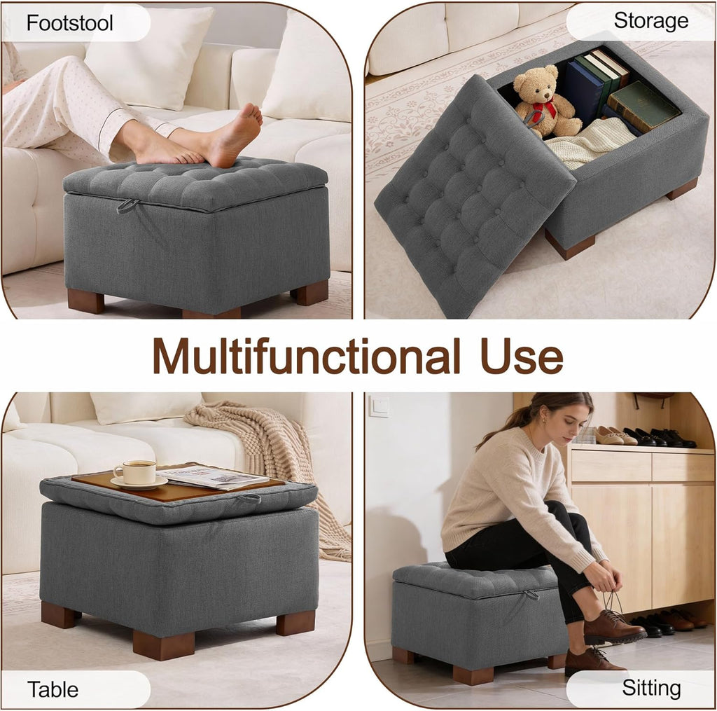 WUTUTUEE 24" Fabric Square Storage Ottoman with Wooden Tray, Modern Tufted Button Footstool Coffee Table, Upholstered Small Ottoman for Living Room, Bedroom, Dark Gray