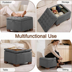 WUTUTUEE 24" Fabric Square Storage Ottoman with Wooden Tray, Modern Tufted Button Footstool Coffee Table, Upholstered Small Ottoman for Living Room, Bedroom, Dark Gray