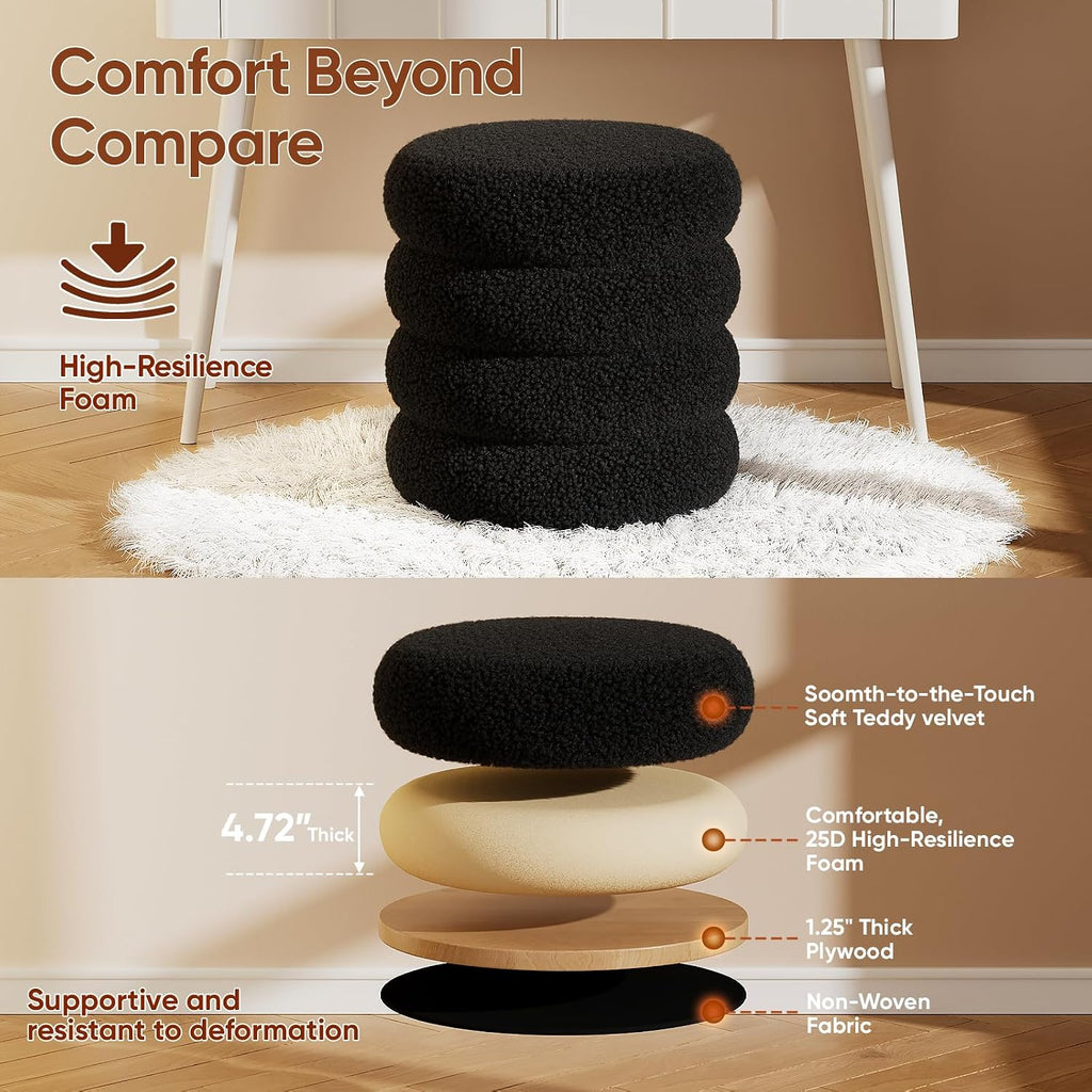 Soft Teddy Round Ottoman with Tray, 17.5 Inches Ottoman Coffee Table with Storage for Living Room, Vanity Stool with Storage Bedroom, Load up to 300 lb, No Assembly Required (Black)