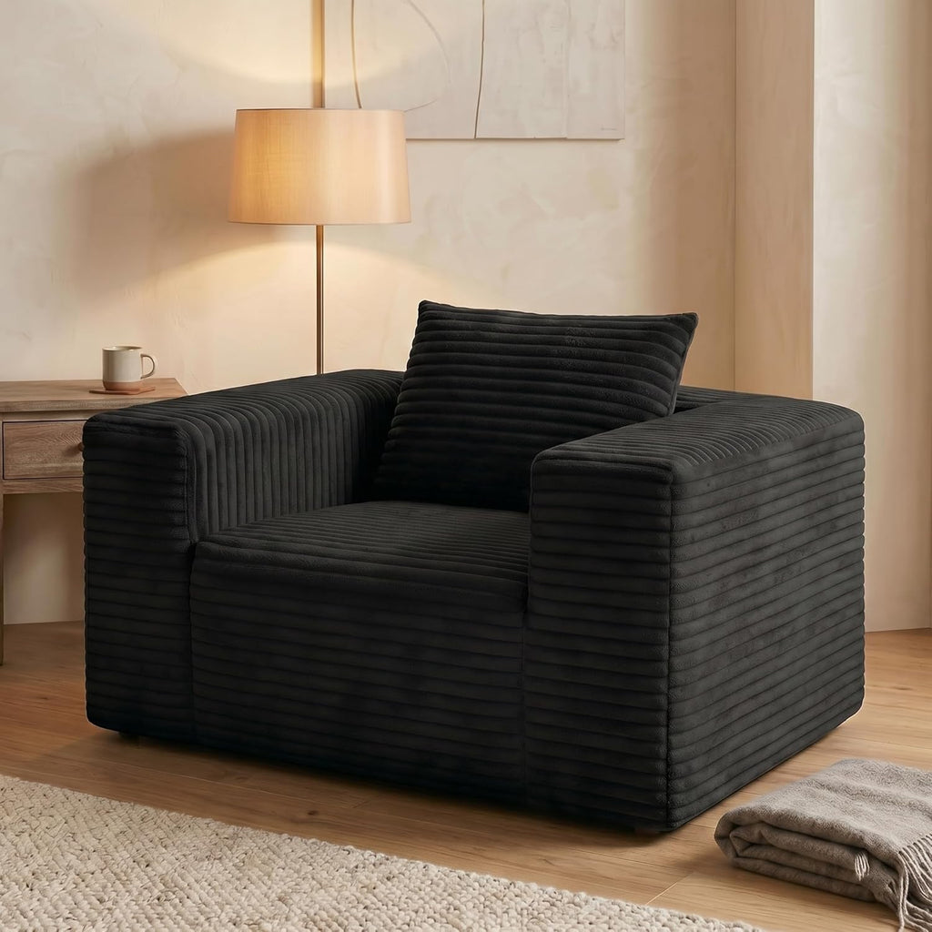 Mini Single Sofa Chair, Corduroy Cloud Couch with Pillow & Wide Armrests, High-Density Foam Reading Lounge for Living Room & Bedroom – No Assembly Required, Black