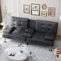 Shahoo Leather Convertible Futon Sofa Bed, Folding Sleeper Loveseat Couch | Upholstered futon with removable armrests, metal legs and 2 cup holders for living room (Black)