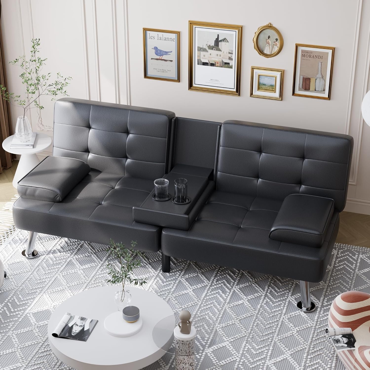 Shahoo Leather Convertible Futon Sofa Bed, Folding Sleeper Loveseat Couch | Upholstered futon with removable armrests, metal legs and 2 cup holders for living room (Black)