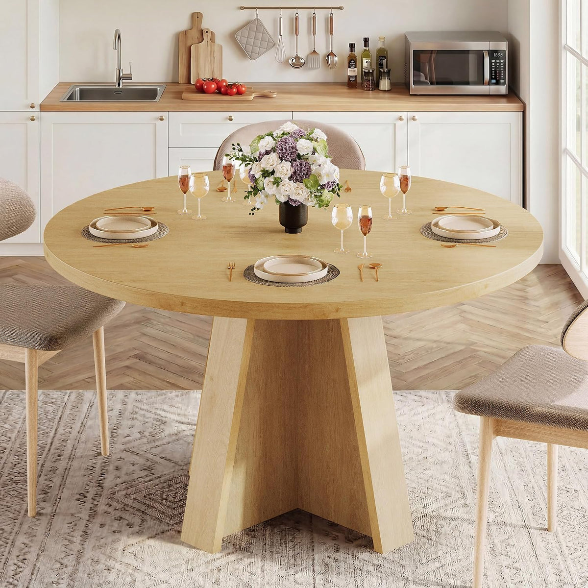iPormis 47-Inch Round Dining Table for 4-6 People, Modern Wooden Kitchen Table for Dining Room, Farmhouse Circle Dinner Tables Furniture for Kitchen Living Room, Natural