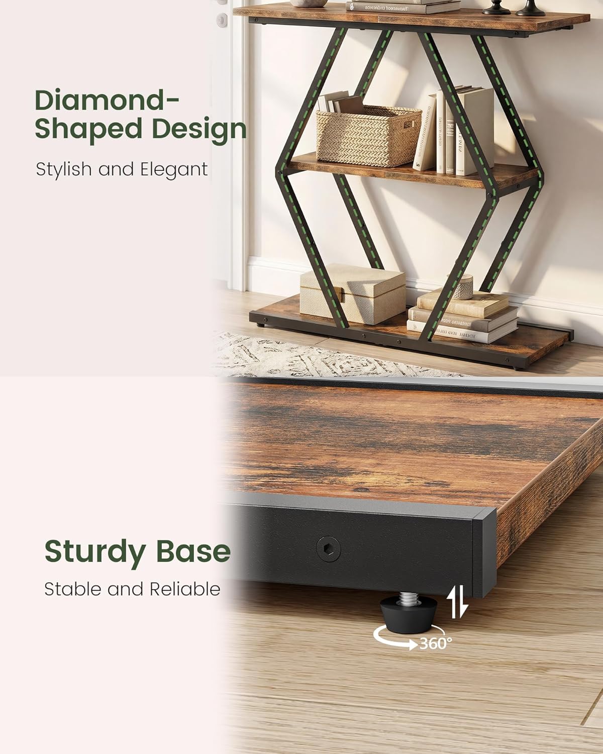 CHOEZON 3-Tier Console Table, Entryway Table, Sofa Table with Open Shelves, Diamond-Shaped Behind Coach Table, Industrial, for Hallway, Entryway, Living Room, Stairwell, Rustic Brown and Black TXG08BF
