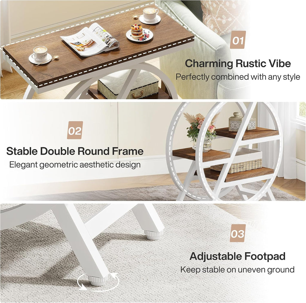 Tribesigns End Table Set of 2, 3-Tier Modern Narrow Side Table with Storage, Wood Sofa Side Table with Geometric Metal Frame, Nightstand and Bedside Table for Bedroom (Light Brown+White)