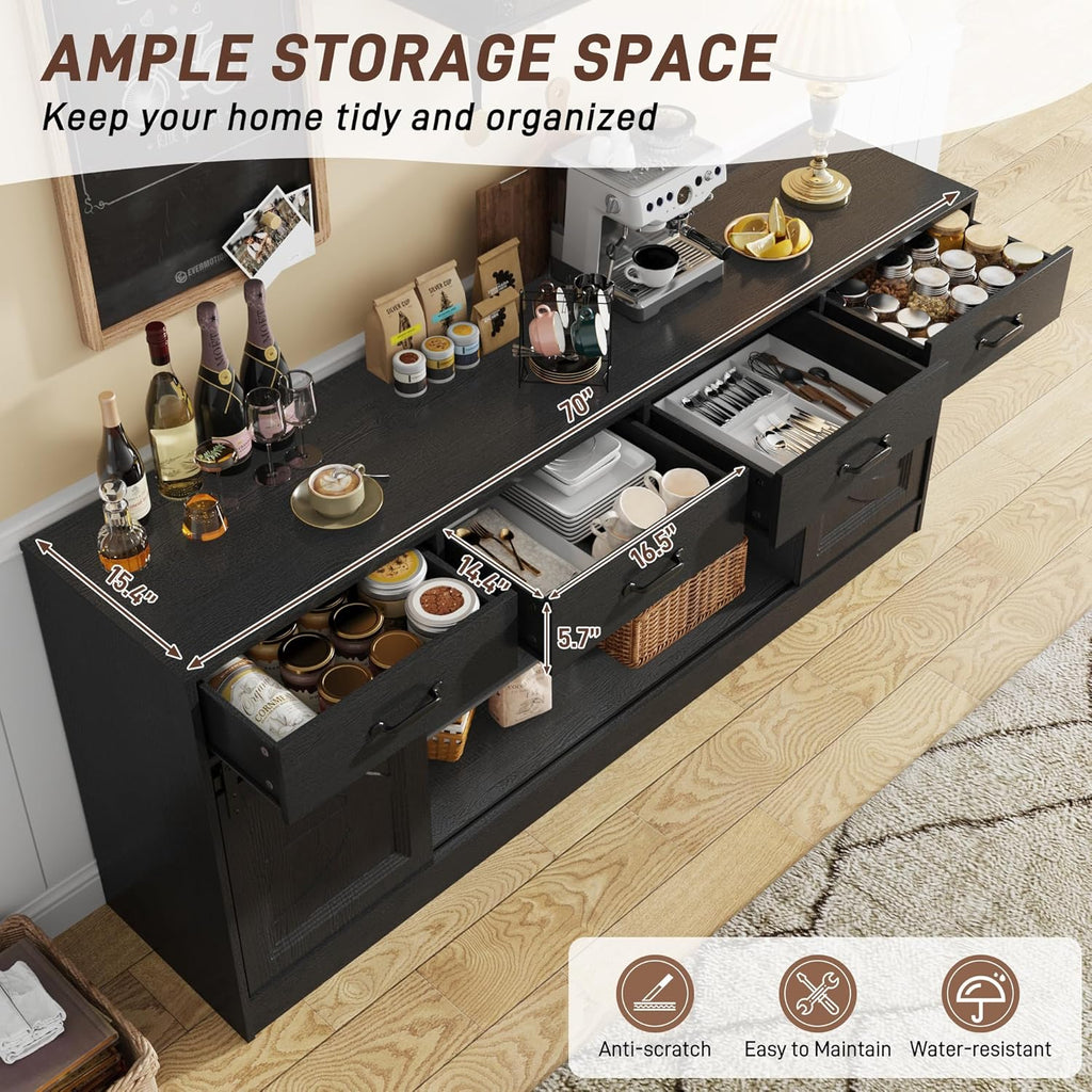 70” Large Buffet Sideboard Cabinet w/4 Drawer,Farmhouse Coffee Bar Cabinet Buffet with Storage,Sliding Door,Long Kitchen Buffet Table,Kitchen Sideboard Cabinet,Credenza for Dining Room,Black