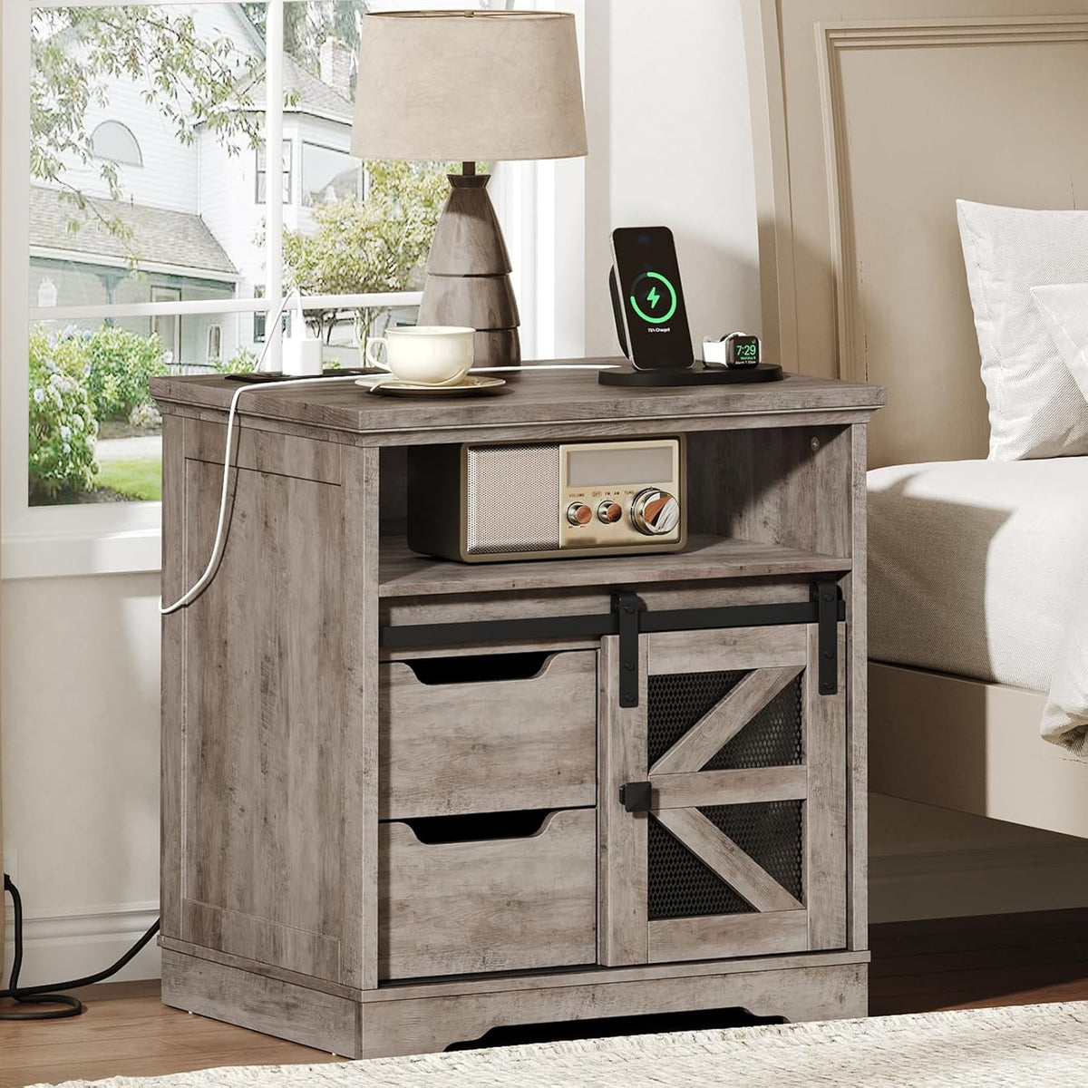 RALGEND Farmhouse End Table with Charging Station, Sofa Side Table with 2 Drawers and Barn Door, Rustic Wooden Nightstand Bedside Table for Bedroom, Living Room, Greige