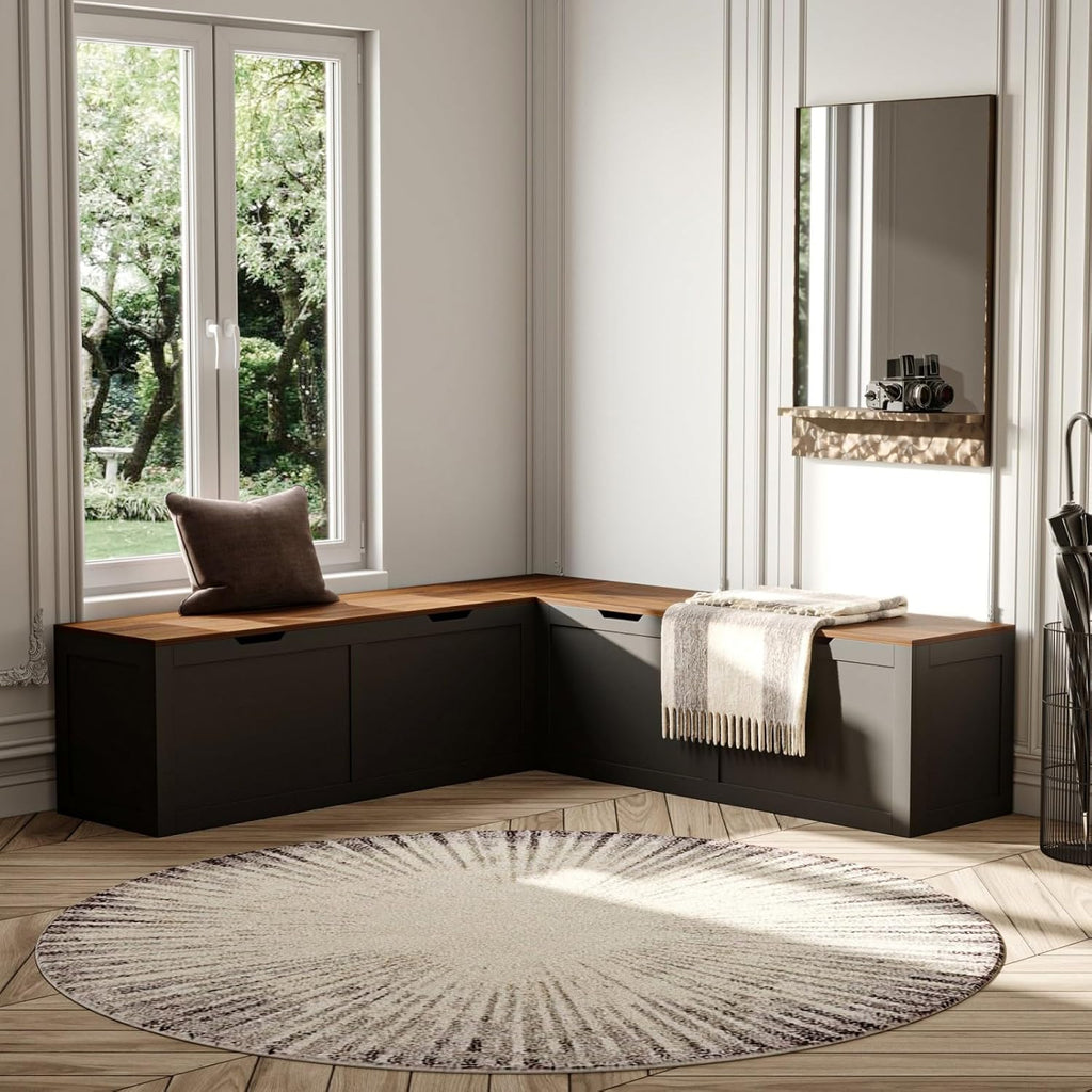 L Shape Kitchen Breakfast Nook Bench, Kitchen Corner Nook Bench Seating with Hidden Storage, Corner Dining Seat for Entryway, Black and Brown, 63”D x 63”W x 17.7”H