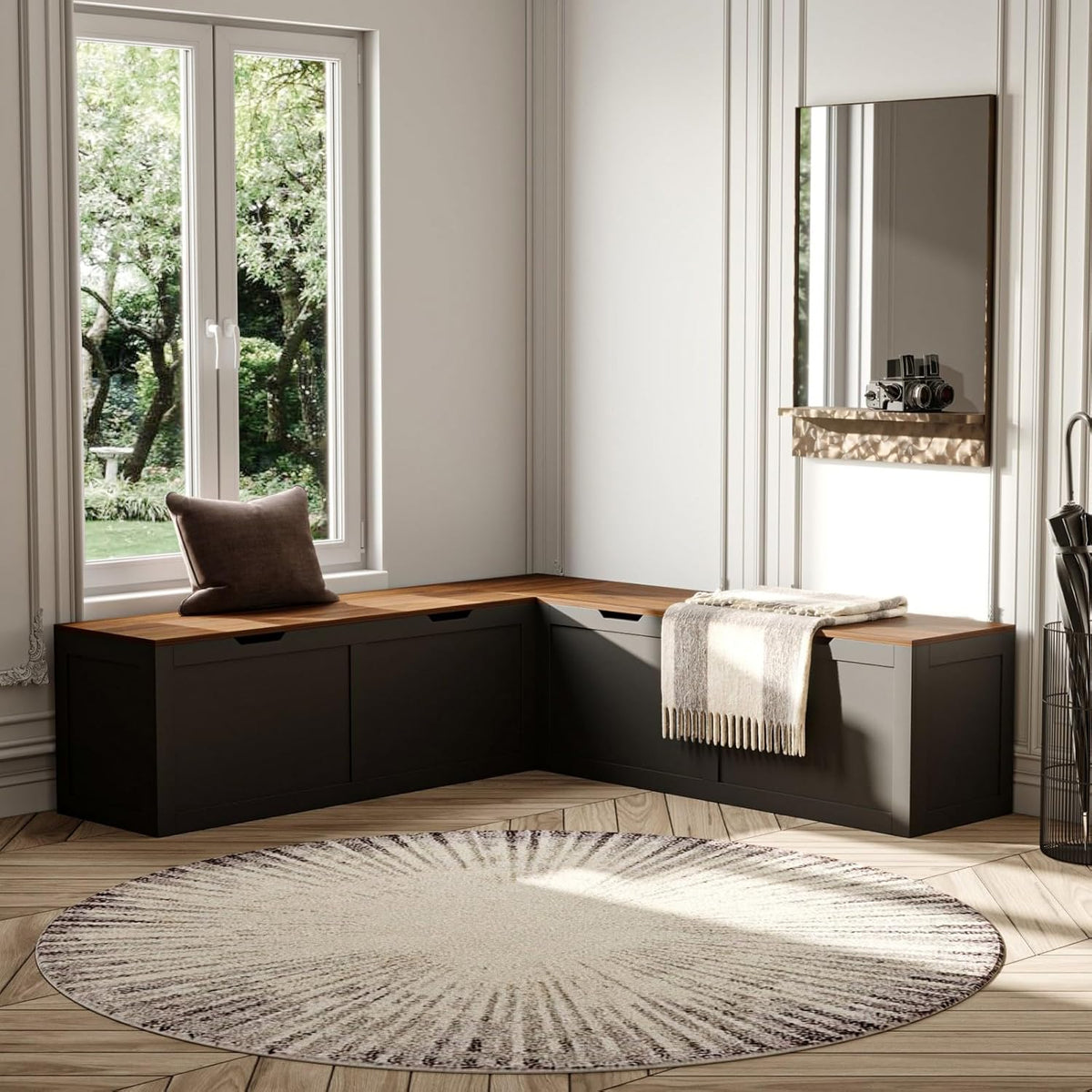 L Shape Kitchen Breakfast Nook Bench, Kitchen Corner Nook Bench Seating with Hidden Storage, Corner Dining Seat for Entryway, Black and Brown, 63”D x 63”W x 17.7”H