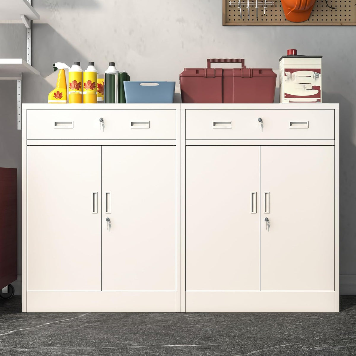 Wanfu Metal Storage Cabinet, Locking Cabinet with 1 Drawer and Adjustable Shelf, 36" H x 28" W x 16" D Steel Storage Cabinet for Office, Garage, Home-White