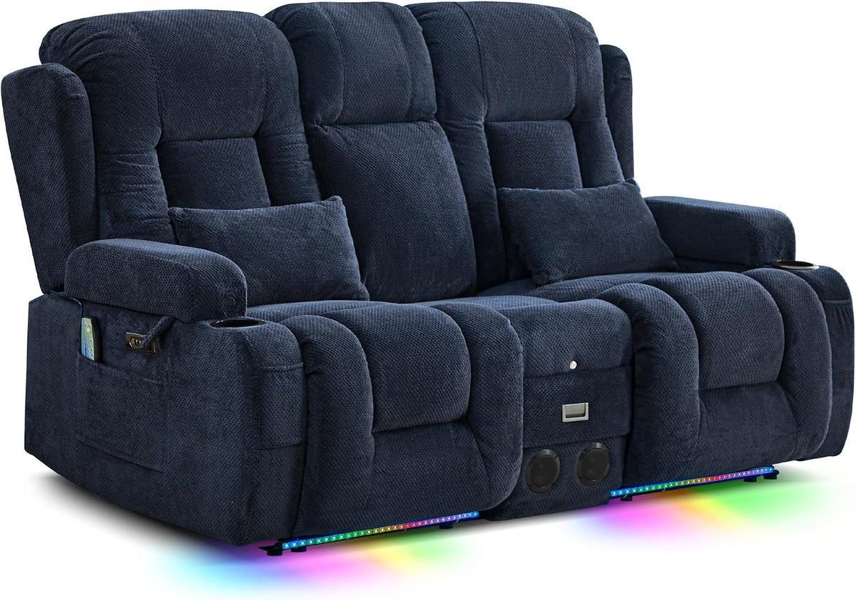 TUNYI Wall Hugger Power Loveseat Recliner - RV Reclining Loveseat with Console Theater Seating RV Recliner Sofa with USB/Outlet//Cup Holder/LED Light/Side Pocket (Dark Blue, Loveseat)