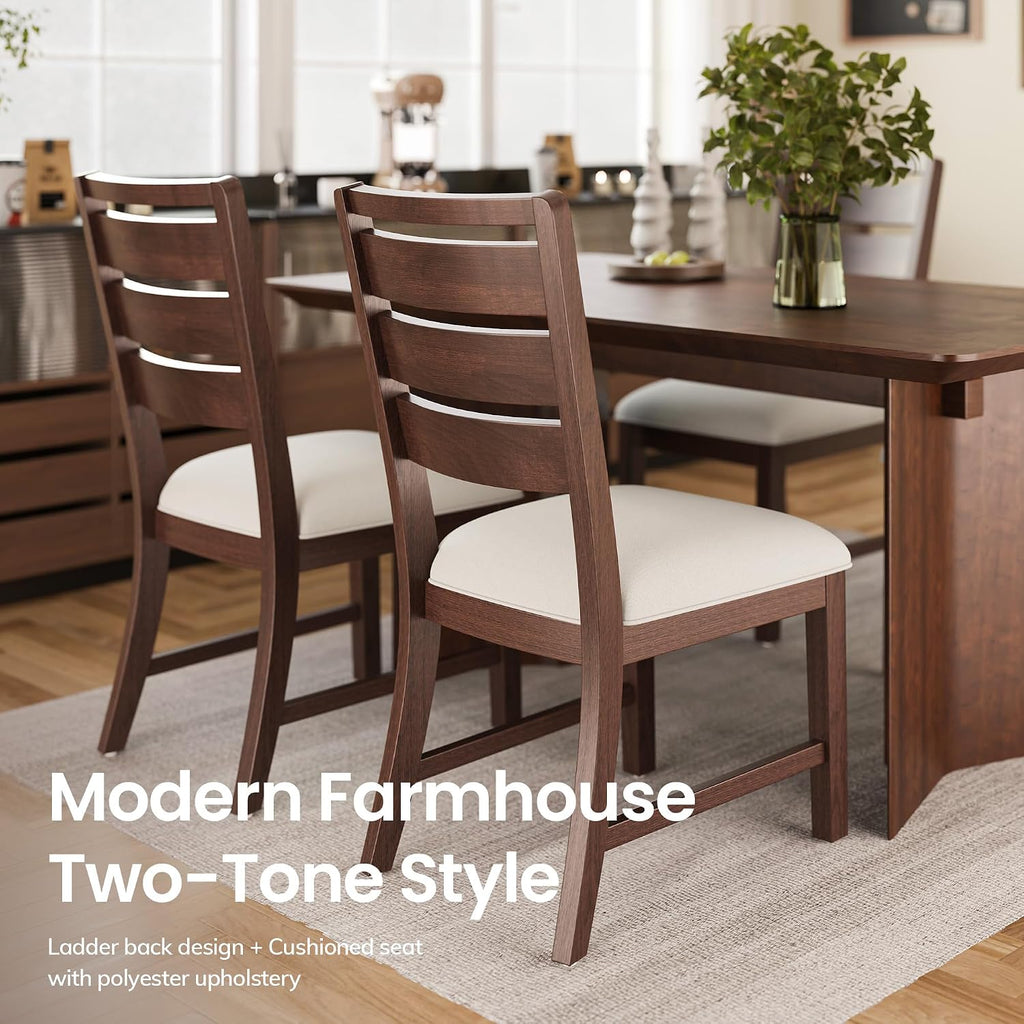 COLAMY Wooden Dining Chairs Set of 6, Farmhouse Upholstered Dining Room Chairs with 3.5" Thick Cushion, FSC Solid Wood Ladder Back Kitchen Chairs for Home and Restaurant, Easy Clean,Brown
