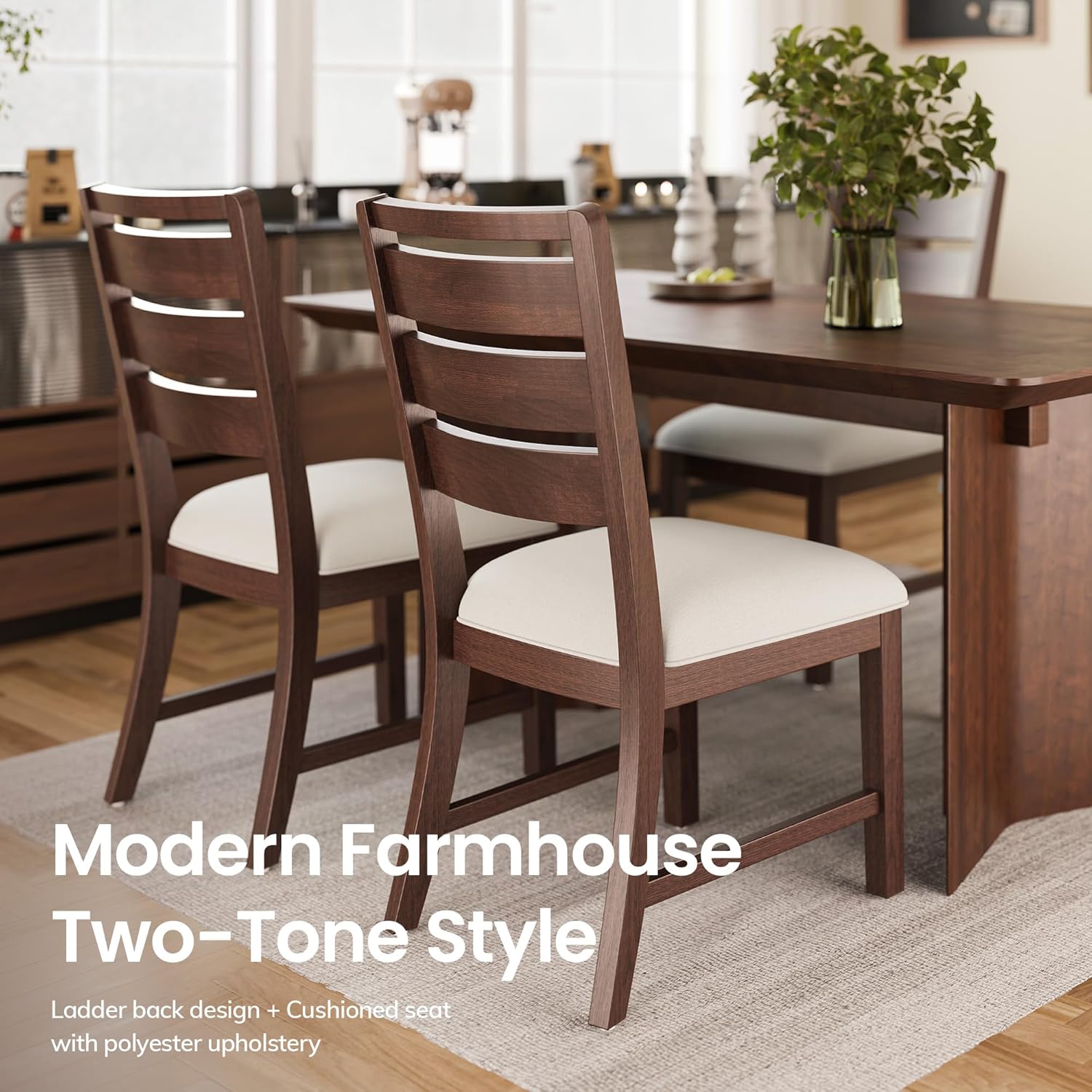 COLAMY Wooden Dining Chairs Set of 4, Farmhouse Upholstered Dining Room Chairs with 3.5" Thick Cushion, FSC Solid Wood Ladder Back Kitchen Chairs for Home and Restaurant, Easy Clean,Brown