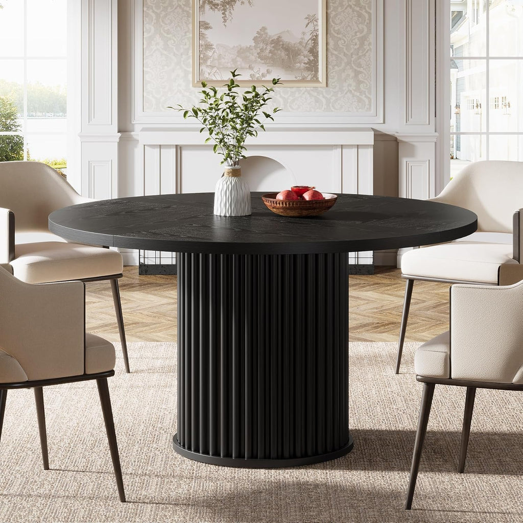 Tribesigns 47.24" Black Round Dining Table for 4-6 People | Modern Fluted MDF + Metal Base Kitchen Table, Sturdy Circle Dining Room Furniture, Easy Assembly, Black