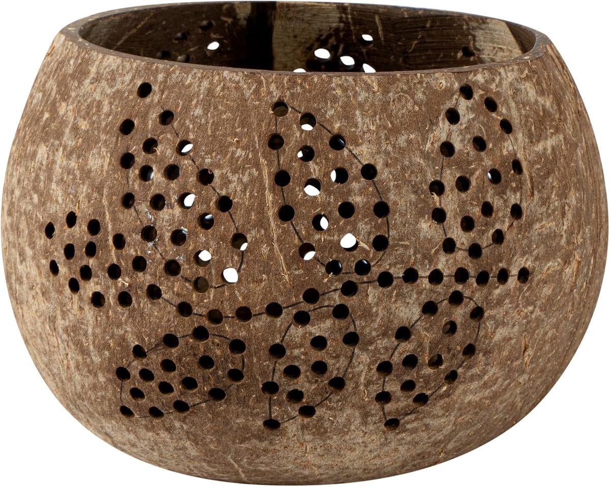 Restaurantware-Coco Casa 4 x 3.3 Inch Coconut Shell Candle Holders, 10 Reusable Tealight Holders - Candle Not Included, Leaf Pattern, Brown Coconut Bowls For Candles, Handcrafted