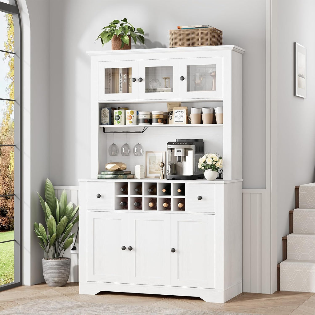 GAOMON 69" Pantry Cabinet with LED Light & Charging Station, Kitchen Pantry Storage Cabinet with Drawer & Adjustable Shelves, Coffee Bar Table for Kitchen Room, Living Room, Dining Room, White