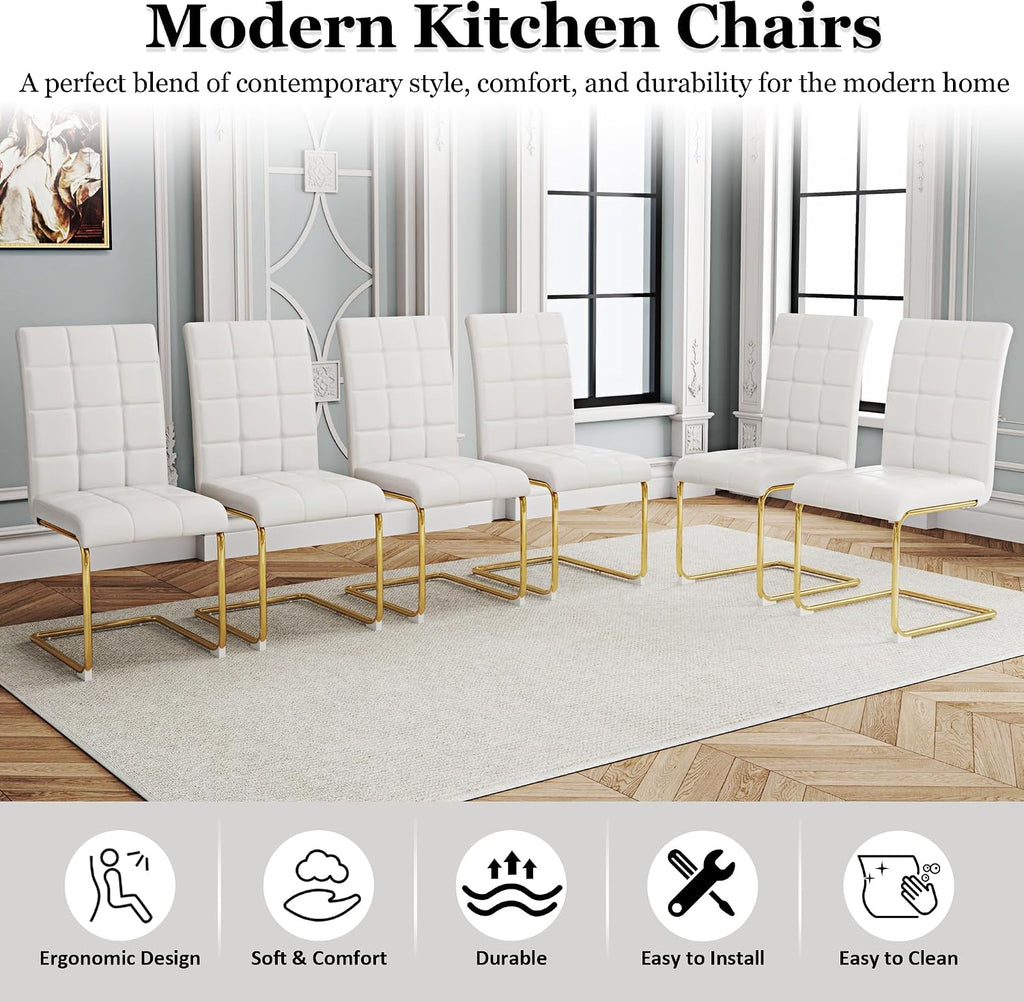 Modern Dining Chairs Set of 8, White PU Leather Chairs with Pull Ring Backrest and Gold Stainless Steel Legs, Easy-to-Assemble Kitchen Chairs for Dining Room, Living Room, or Bedroom