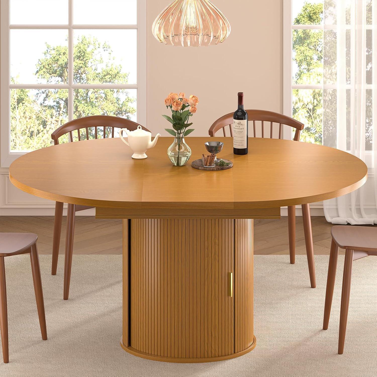 DHH 47"-63" Extendable Round Dining Table for 4–8 with Storage, Mid Century Modern Farmhouse Wood Oval Dinner Table with Pedestal Base for Kitchen, Living Room (Yellow Walnut)
