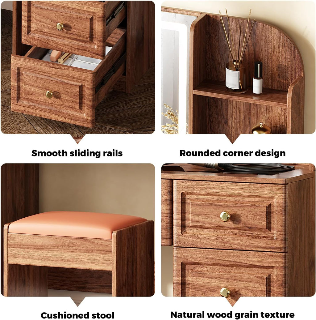 Arulvmrn 43” Wooden Makeup Vanity Set with Mirror and Lighted,Modern Vanity Desk with 9 Drawers,Storage Shelves, and Padded Seat, Dressing Table for Bedroom, Dorm, or Home Beauty Station,Brown