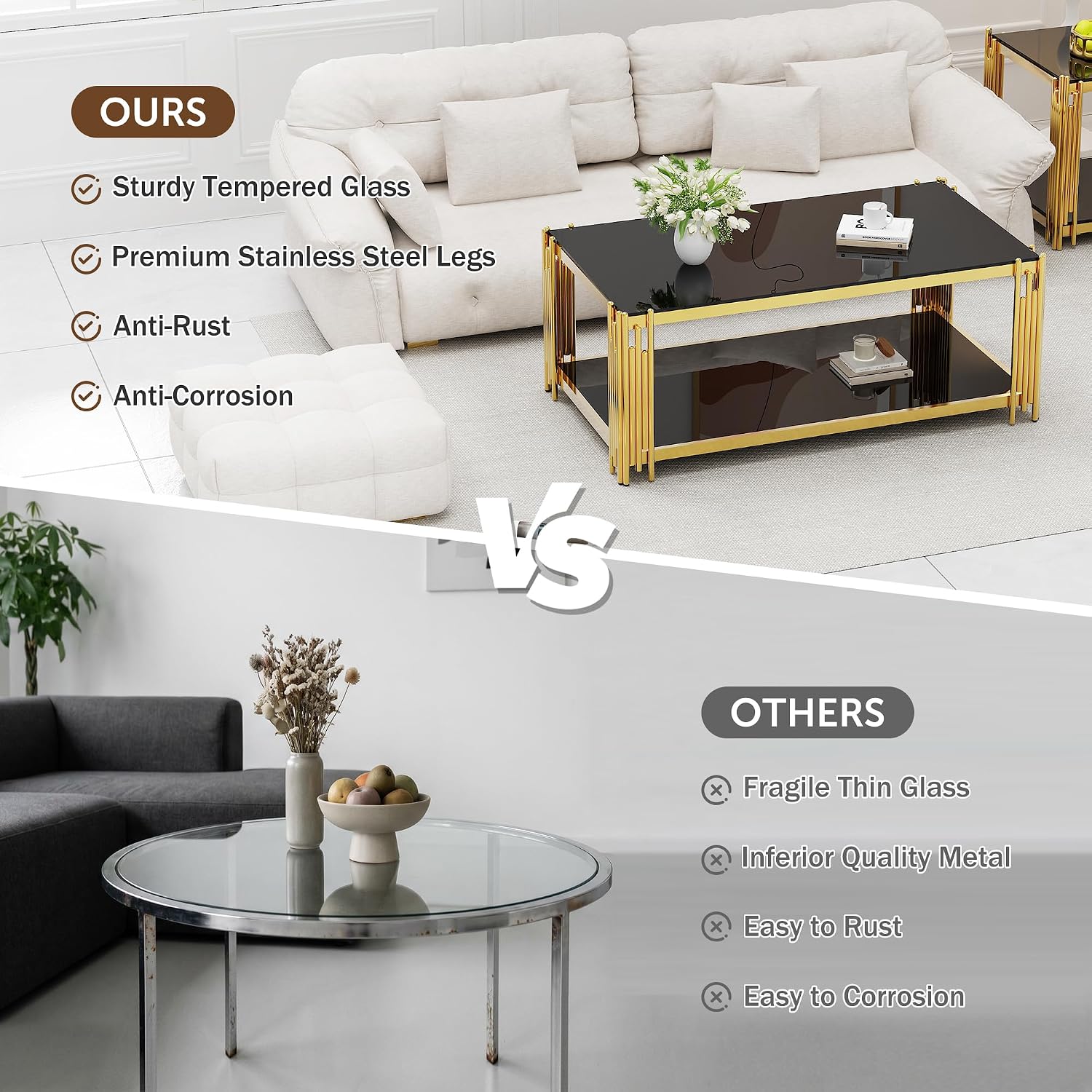 Glass Coffee Table Set of 3, End Table Modern Living Room Table Rectangle Clear Tempered Glass Stainless Steel Leg, Square Side Table for Home Furniture Set (Black, 43" Set of 3)