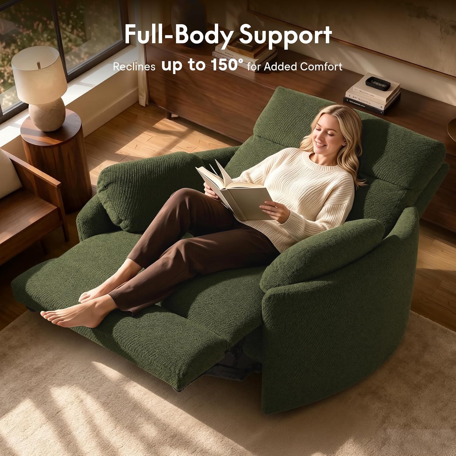 FLEXISPOT Mochi Oversized 54" Power Recliner Chair for Big & Tall, Chenille Fabric Electric Recliner with USB & Type-C Ports, Wide Single Sofa with Pillows for Living Room & Bedroom, Olive Green