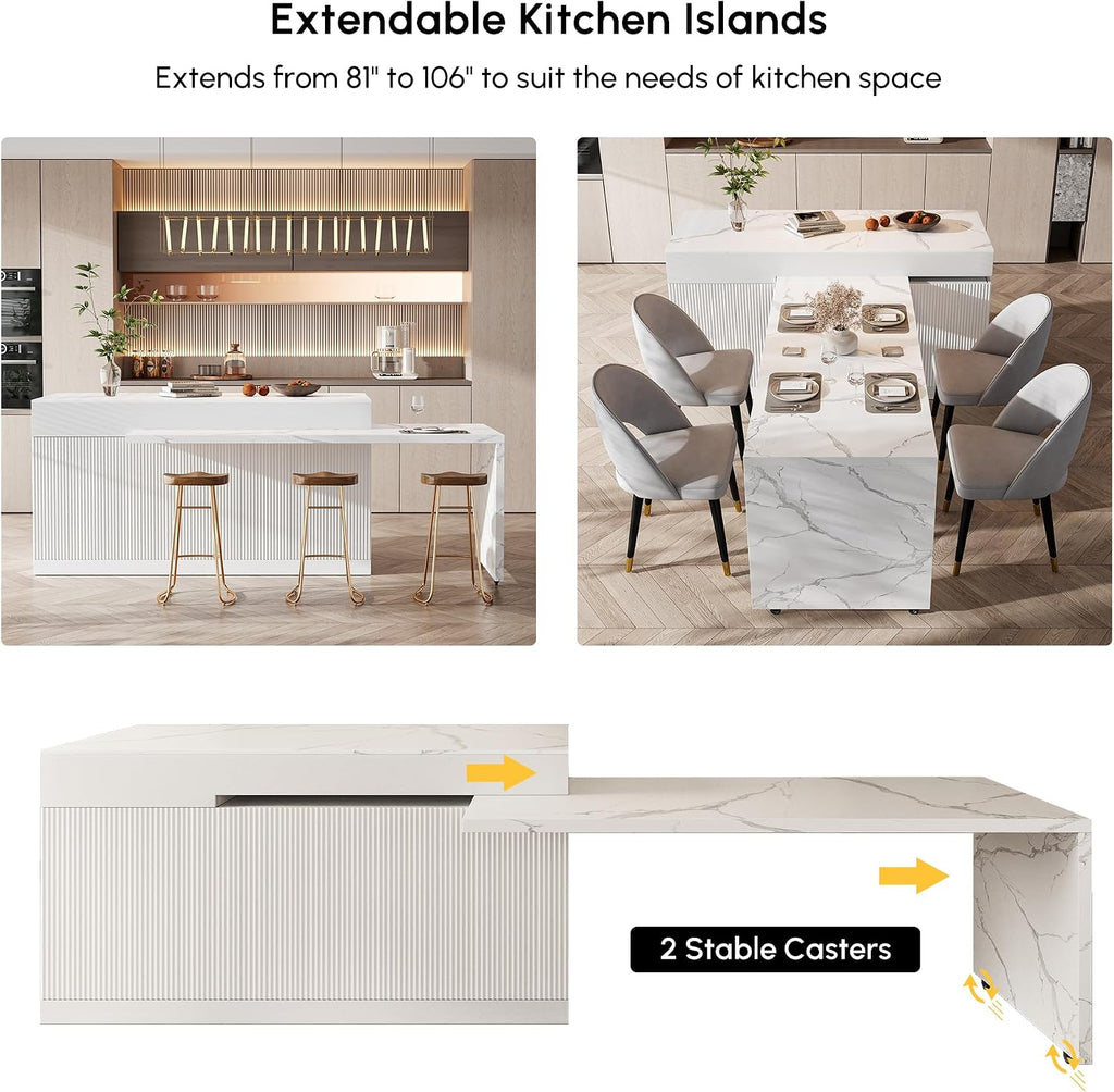 homary Extendable Kitchen Island with Storage 81"-106", White, Wood Top, Stationary Large Kitchen Cabinet with 3 Drawers, Adjustable Shelves & Pull-Out Kitchen Tables for Dining Room