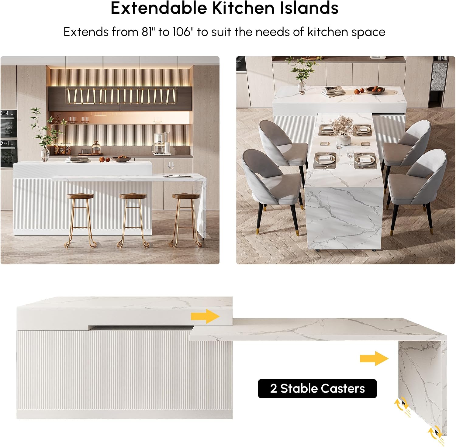 homary Extendable Kitchen Island with Storage 81"-106", White, Wood Top, Stationary Large Kitchen Cabinet with 3 Drawers, Adjustable Shelves & Pull-Out Kitchen Tables for Dining Room