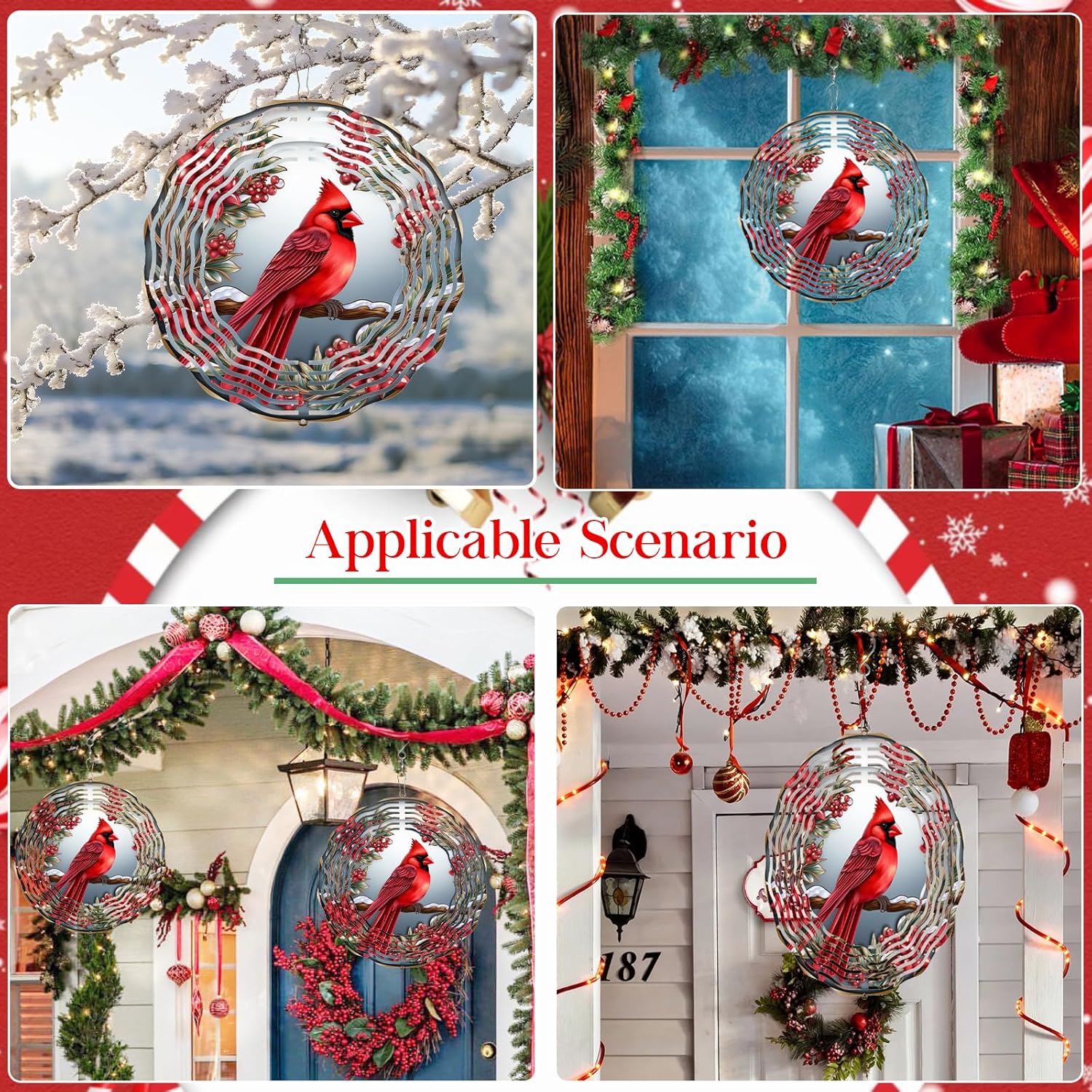 Cardinal Wind Spinner,3D Bird Spinners with Holly for Yard and Garden 3D Steel Wind Spinners Outdoor Wind Spinner 10 inch 3D Xmas Wind Sculptures
