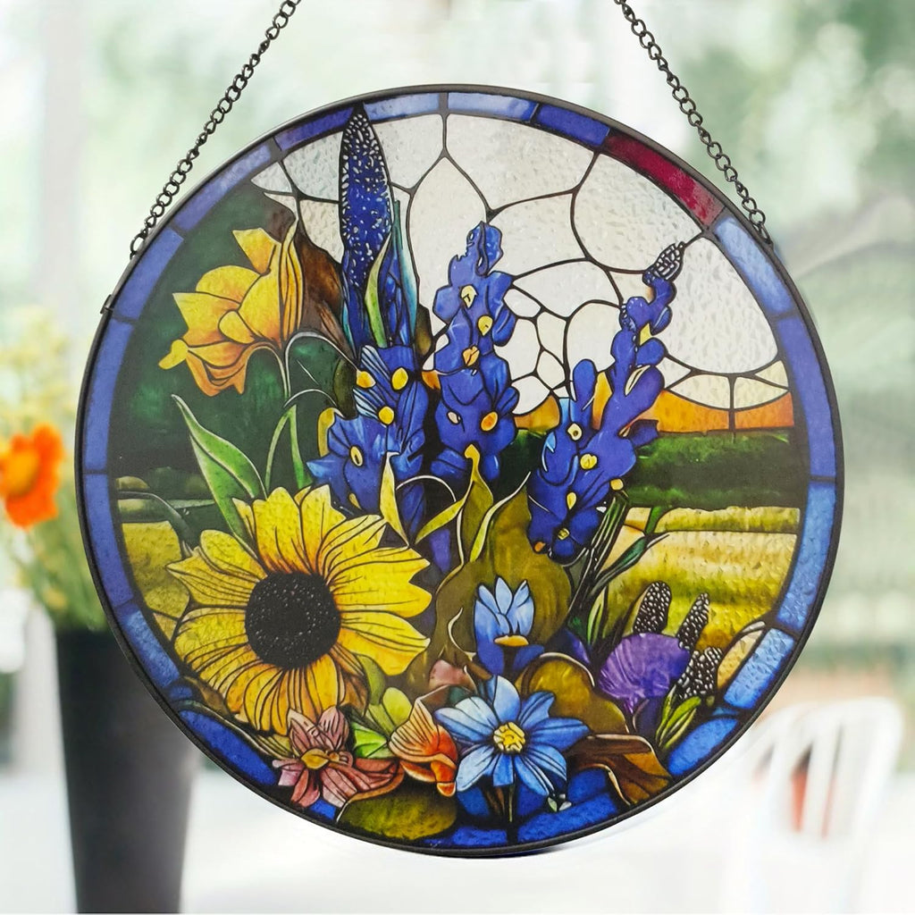 Sunflower Lavender Suncatcher Stained Glass Window Hanging, 9.8'' Hand-Painted Floral Sun Catcher Window Wall Decor with Chain, Birthday Gifts for Mom Grandma Wife