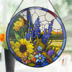 Sunflower Lavender Suncatcher Stained Glass Window Hanging, 9.8'' Hand-Painted Floral Sun Catcher Window Wall Decor with Chain, Birthday Gifts for Mom Grandma Wife