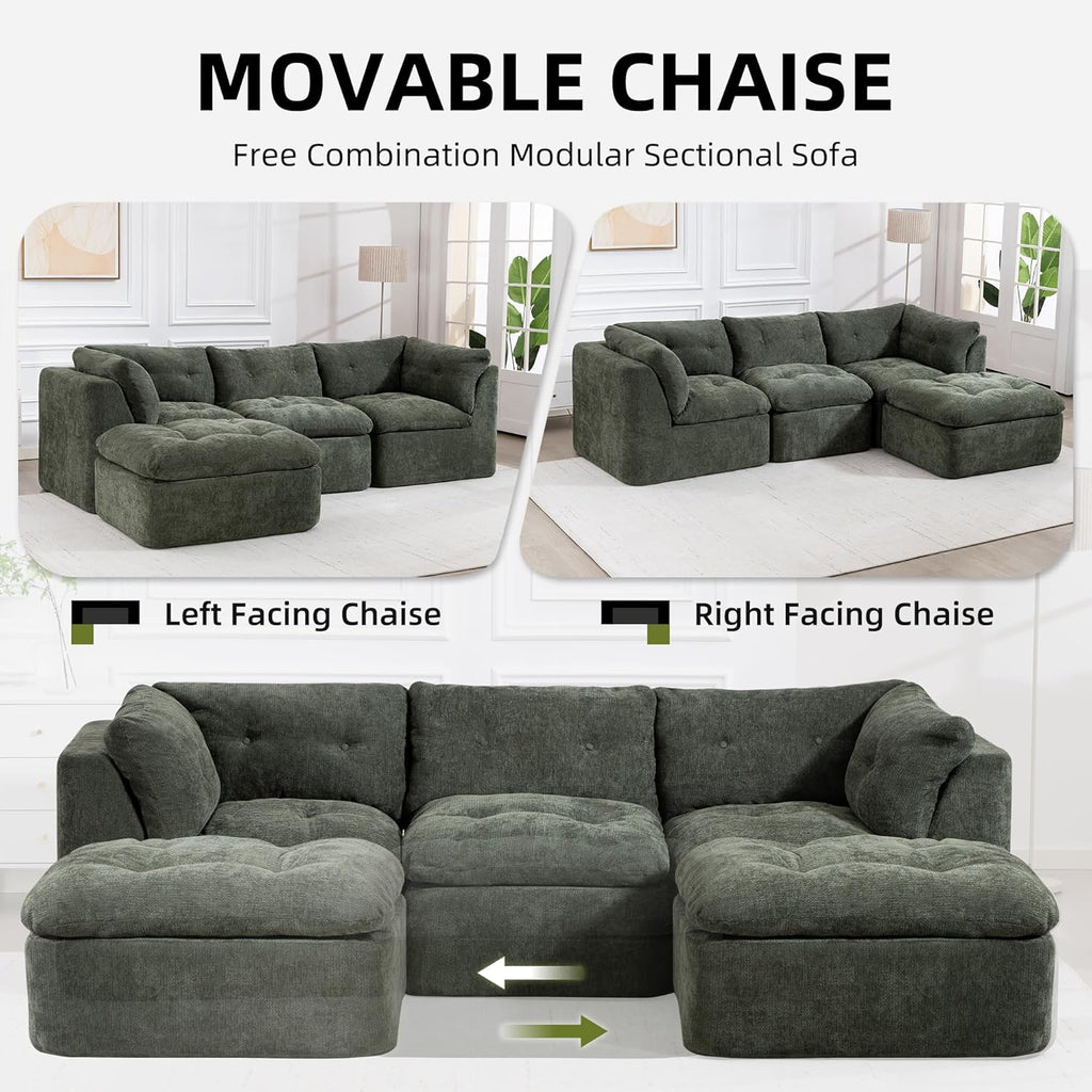 Modular Sectional Sofa with Ottoman, 112 Inch, Blackish Green