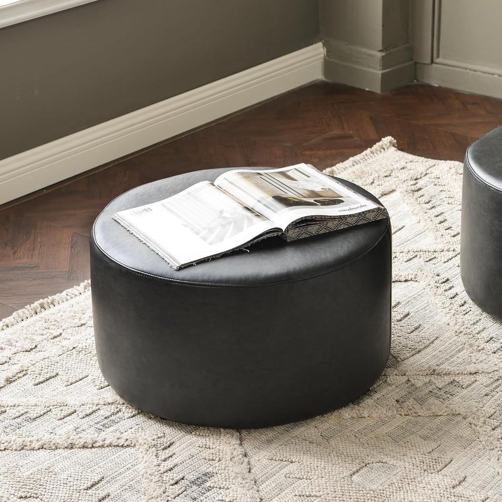 KINWELL Modern Faux Leather Round Upholstered Ottoman, Multi-Functional Sofa Footrest, Side Table, Extra Seating for Living Room, Bedroom (Black, 24" D x 24" W x 13" H)