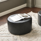 KINWELL Modern Faux Leather Round Upholstered Ottoman, Multi-Functional Sofa Footrest, Side Table, Extra Seating for Living Room, Bedroom (Black, 24" D x 24" W x 13" H)