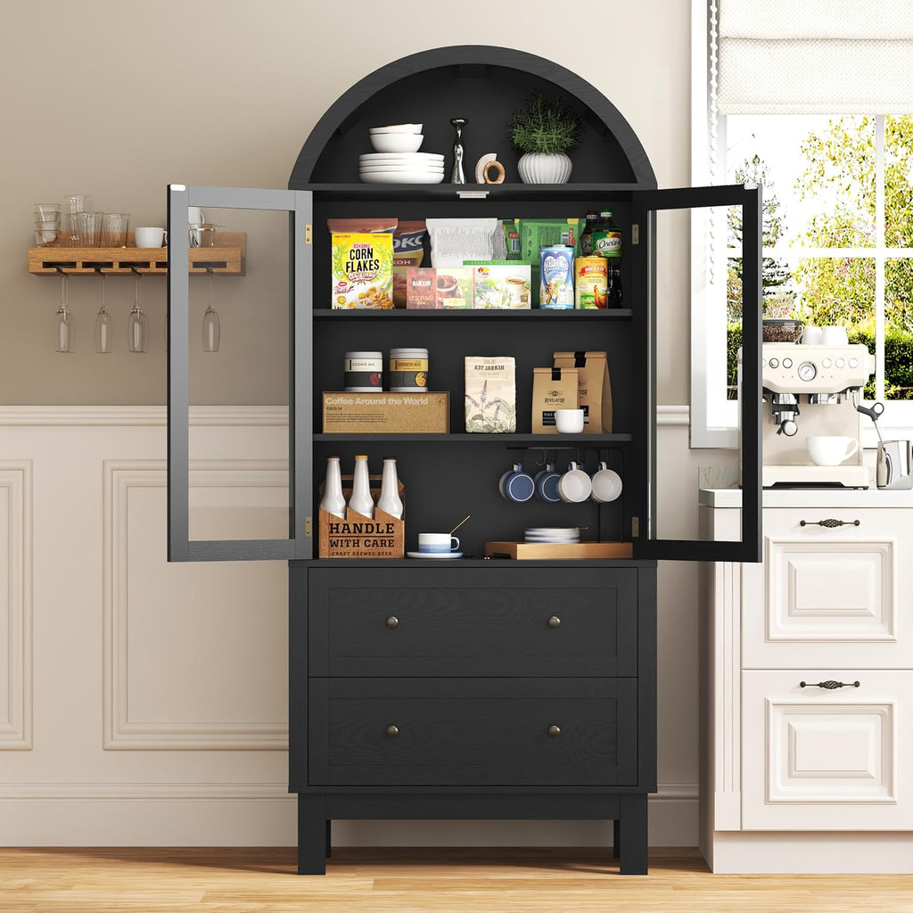 Arched Cabinet with Glass Doors, 71" Tall Freestanding Pantry Cabinet with 2 Large Drawers and Adjustable Shelf, Farmhouse Wood Storage Cabinets, Versatile Cupboard for Kitchen, Dining Room, Black