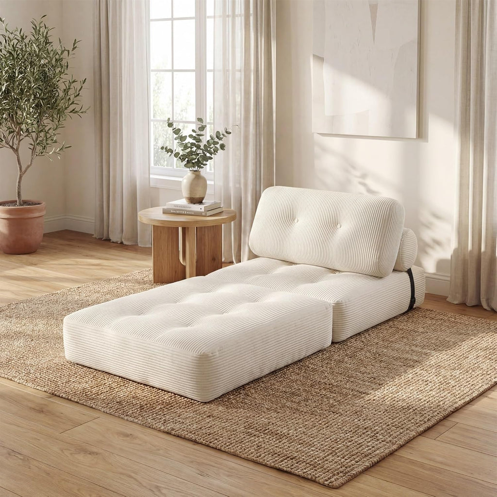 KOMFOTT Convertible Folding Sofa Bed with Pillow, Fold Out Sleeper Chair with Back Support, Tufted Corduroy Floor Sofa with Fixing Straps for Living Room Bedroom Guest Room (Beige)