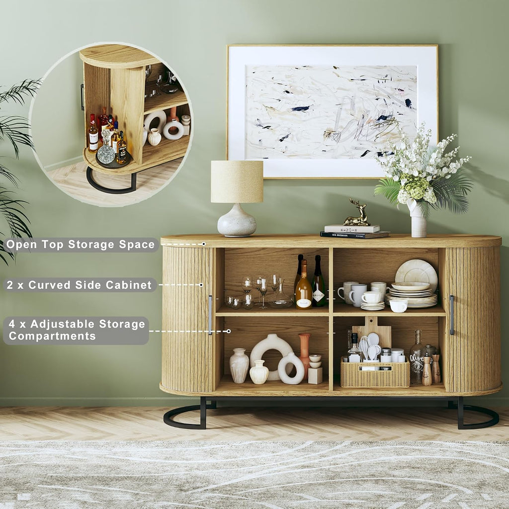 HUAHUU Sideboard Buffet Cabinet with Storage, 54.3" Fluted Tambour, Adjustable Shelves, Mid Century Modern Console for Living Room Kitchen