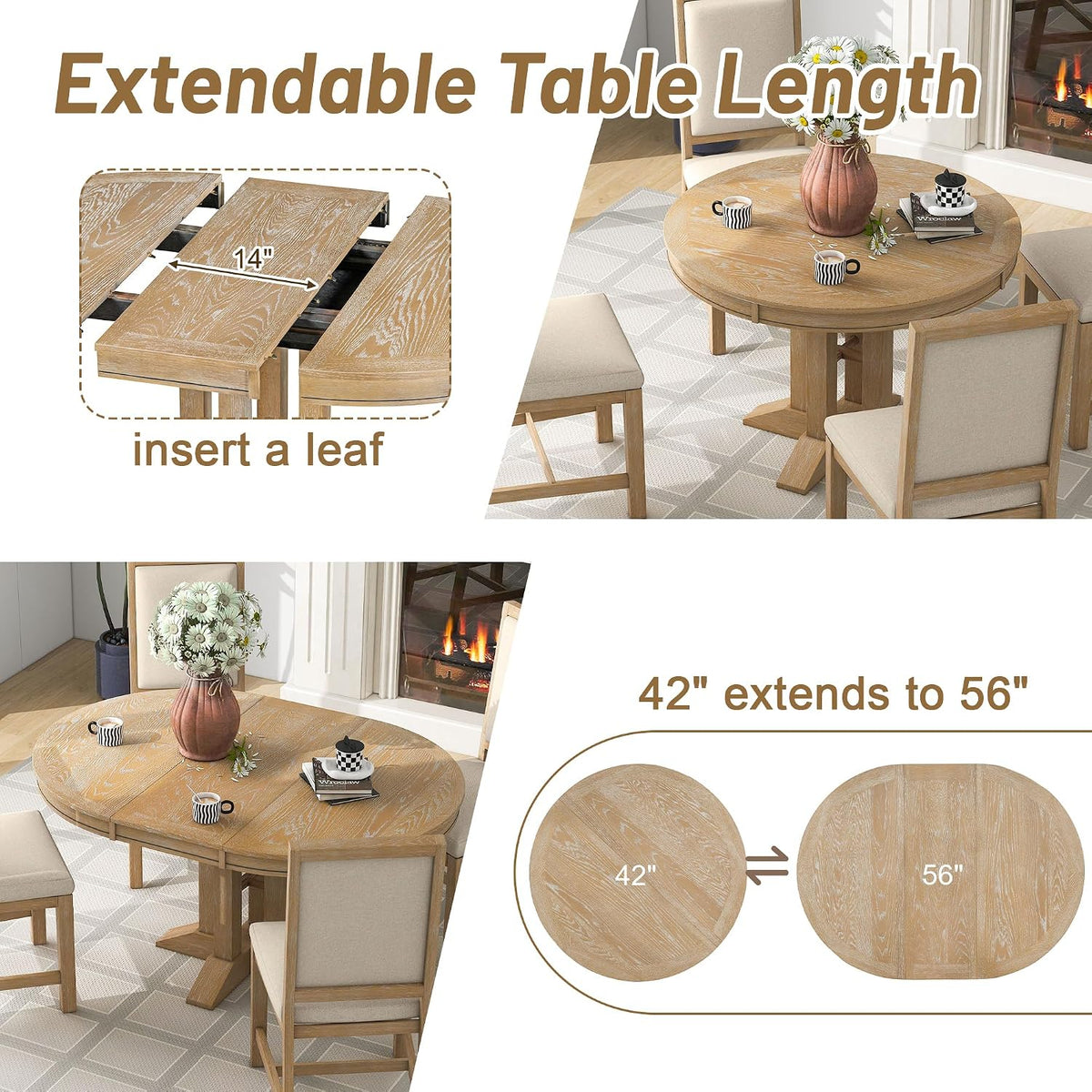 Merax Farmhouse Expandable Round Dining Table, 42 to 56 Inch Vintage Solid Wood Kitchen Table with Removable Oval Leaf, Retro Distressed Finish for Dining Room, Seats 6, Natural
