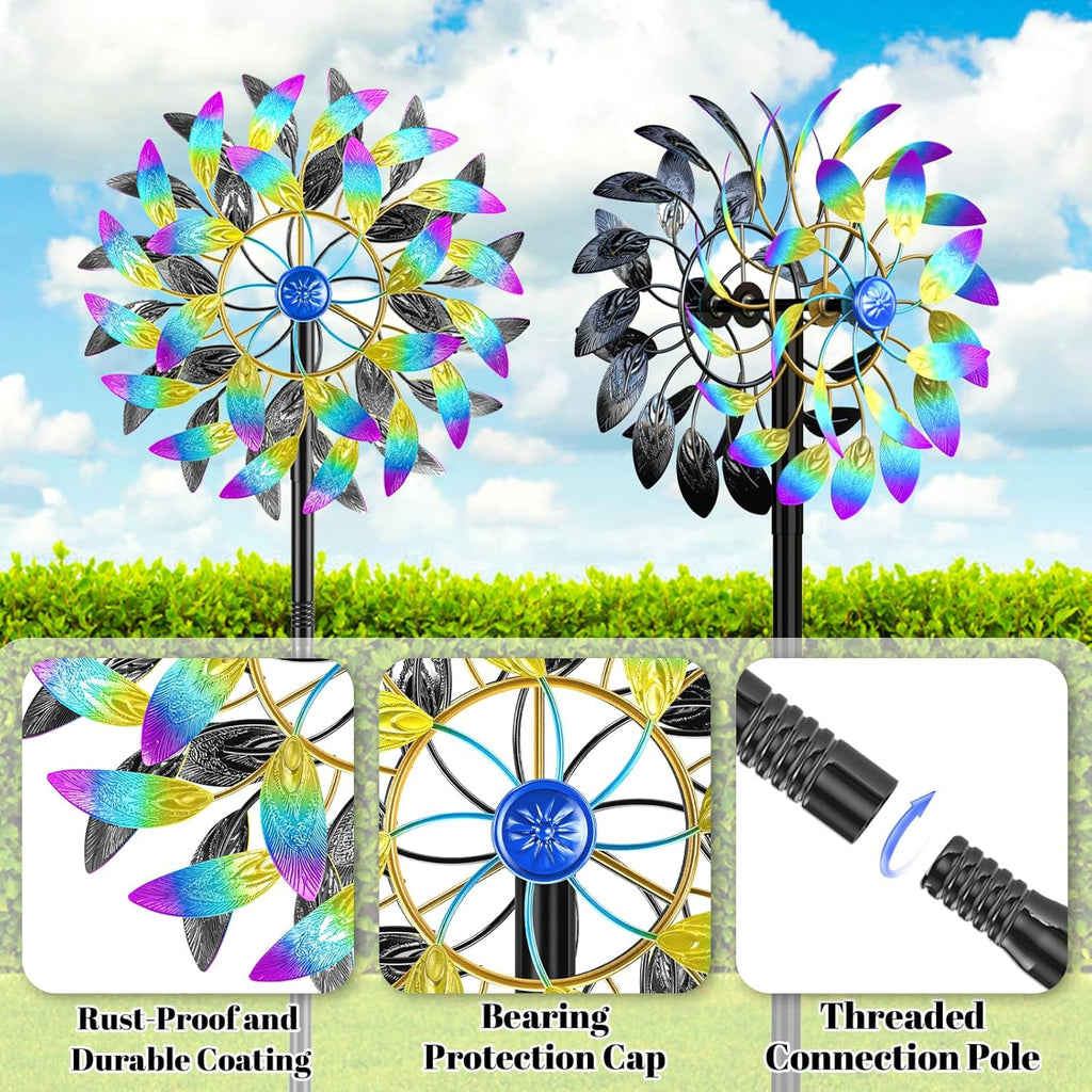 Metal Outdoor Wind Spinner, 2-Way Wind Sculpture Spinner with Metal Stake, Waterproof 360 Degrees Kinetic Windmill Art Decoration for Patio Garden Lawn (A- Colorful)