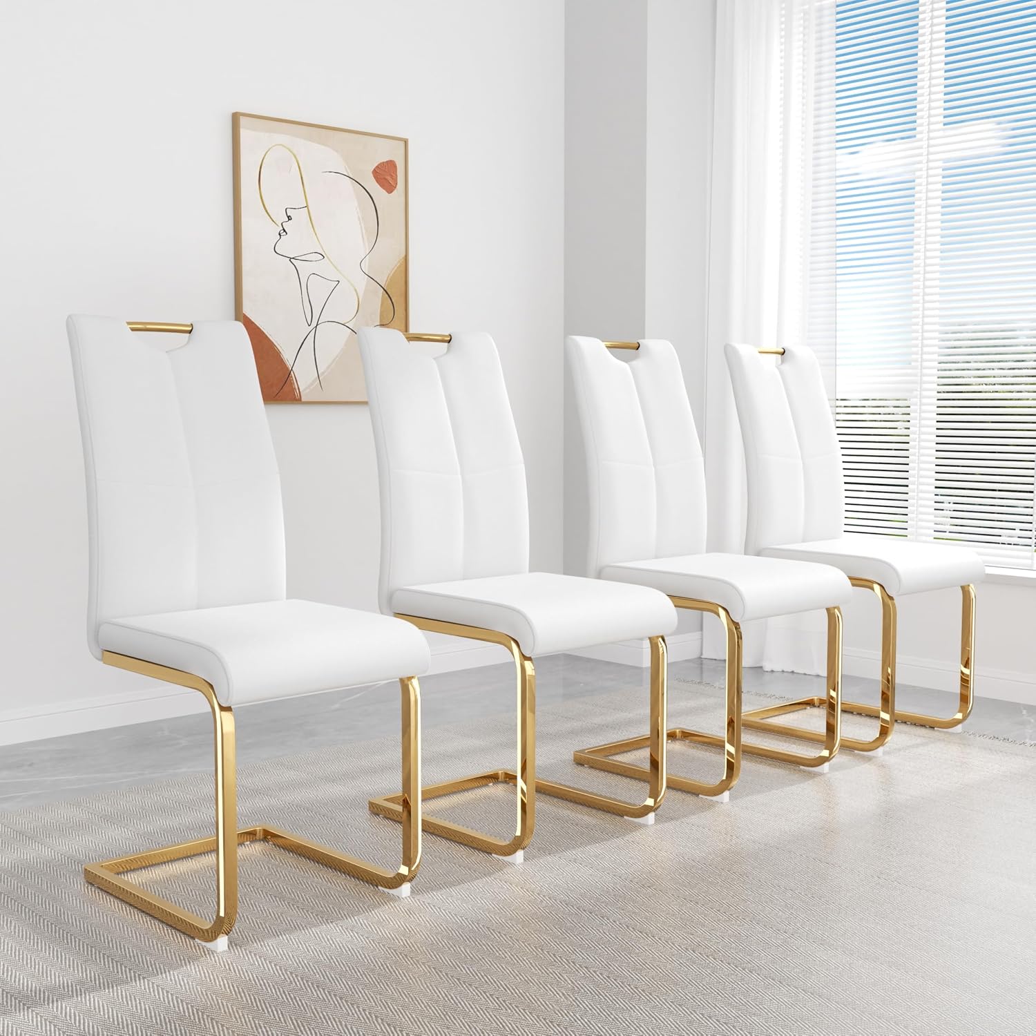 yeag Modern Rectangular Glass Dining Table Set for 4, 47" Clear Tempered Glass Kitchen Table with Gold Metal Legs & 4 White PU Faux Leather Upholstered Dining Chairs for Home, Dining Room, Office
