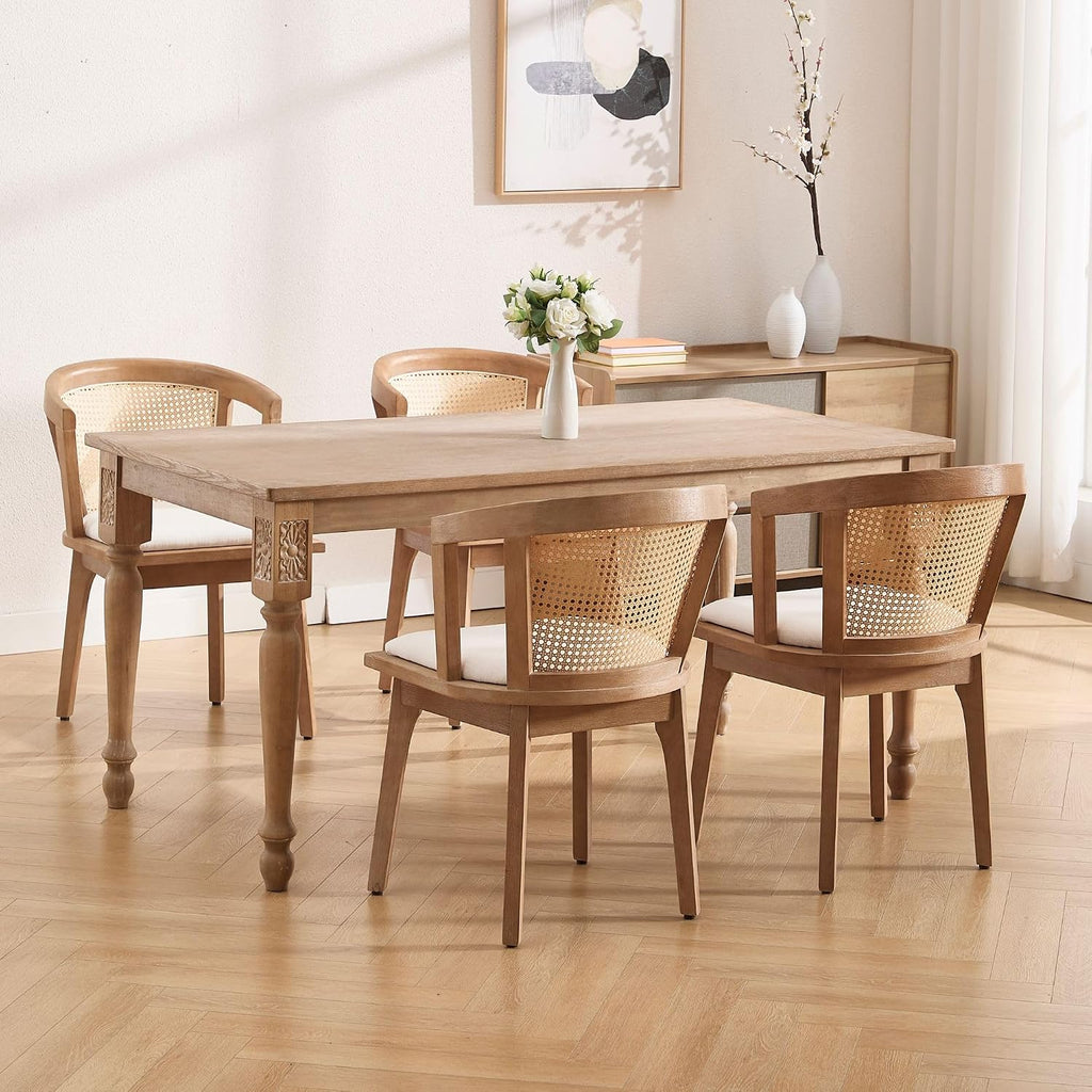 BESTANO Rattan Dining Chairs Set of 2, Mid Century Modern Farmhouse Wood Dining Room Chairs, Upholstered Comfortable Kitchen Dining Side Chair with Cane Woven Back, Beige Linen