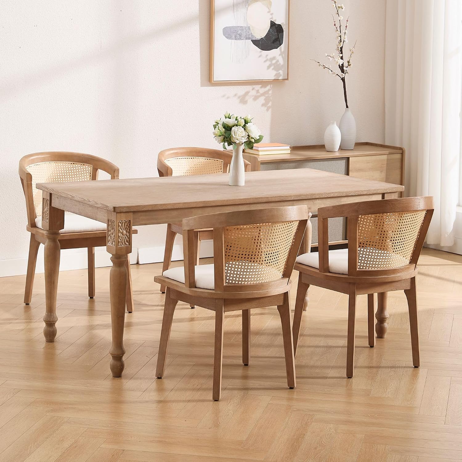 BESTANO Rattan Dining Chairs Set of 2, Mid Century Modern Farmhouse Wood Dining Room Chairs, Upholstered Comfortable Kitchen Dining Side Chair with Cane Woven Back, Beige Linen