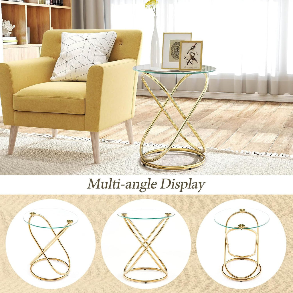 BECHAEO 19.7" Round Glass Gold Side Table with Gold-Plated Metal Ring-Shaped Frame for Living Room, Modern Round Glass End Table Nightstand for Bedroom, Small Side Table for Small Spaces