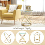BECHAEO 19.7" Round Glass Gold Side Table with Gold-Plated Metal Ring-Shaped Frame for Living Room, Modern Round Glass End Table Nightstand for Bedroom, Small Side Table for Small Spaces