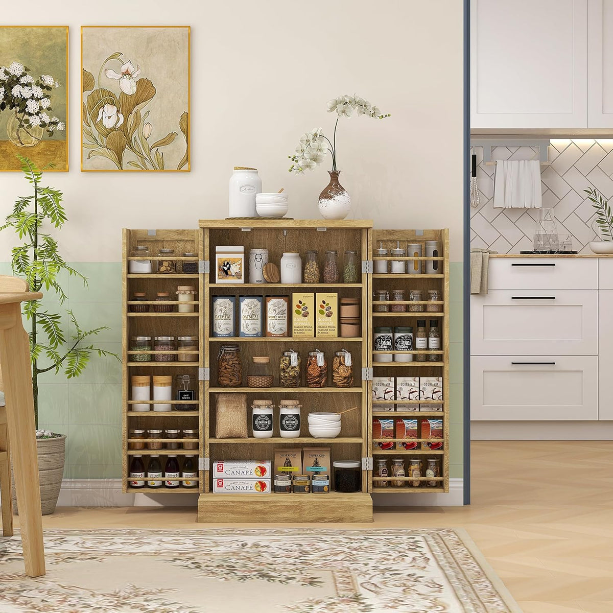 Majnesvon 41" Kitchen Pantry Cabinet,5-Tier Sideboard Buffet Cabinet with Adjustable Shelves & Doors,Freestanding Food Pantry Storage Cupboard for Small Spaces Dining Room (Natural)