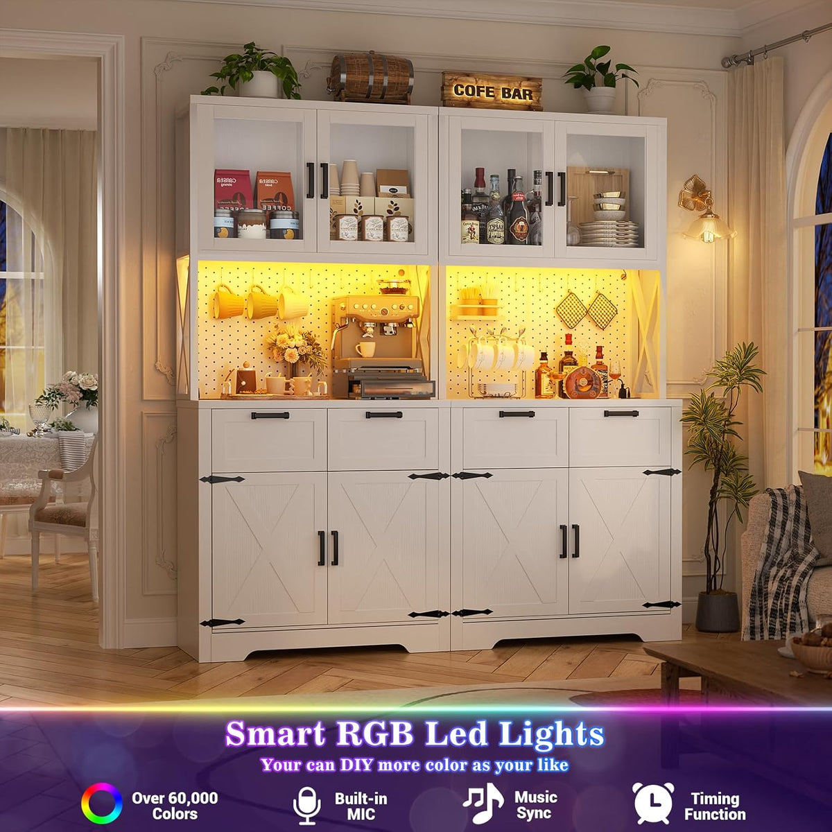 Unikito 71" Tall Kitchen Pantry Storage Cabinet with LED Light & Outlet, 63" Wide Kitchen Hutch Cabinet with Large Countertop, DIY Pegboard and Drawers, Farmhouse Food Pantry for Living Room,