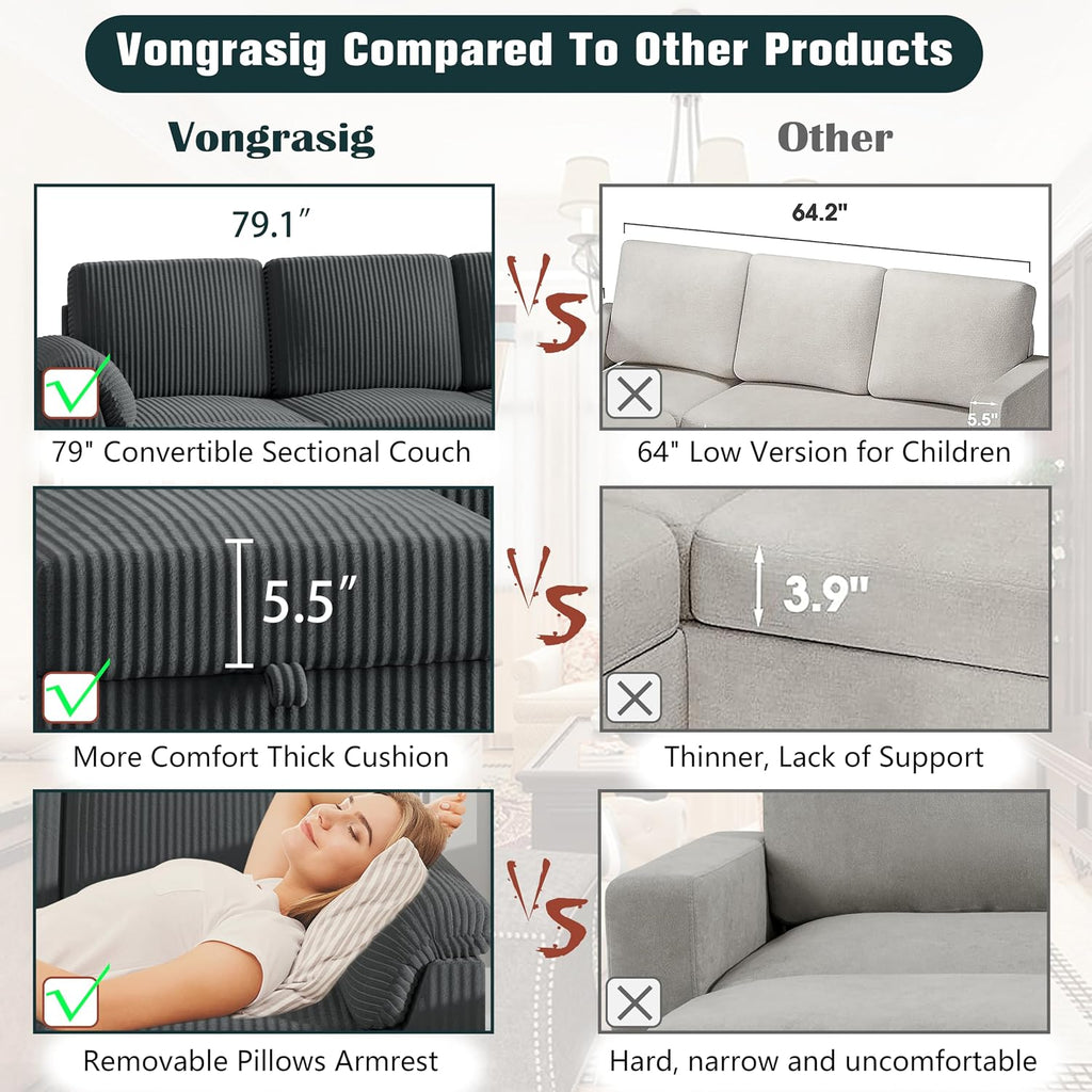 Vongrasig 79" Convertible Sectional Couches Sofa with Storage Ottoman, 3 Seat L Shaped Couch with Side Storage Pockage, Small Couches for Living Room, Apartment and Small Space, Grey