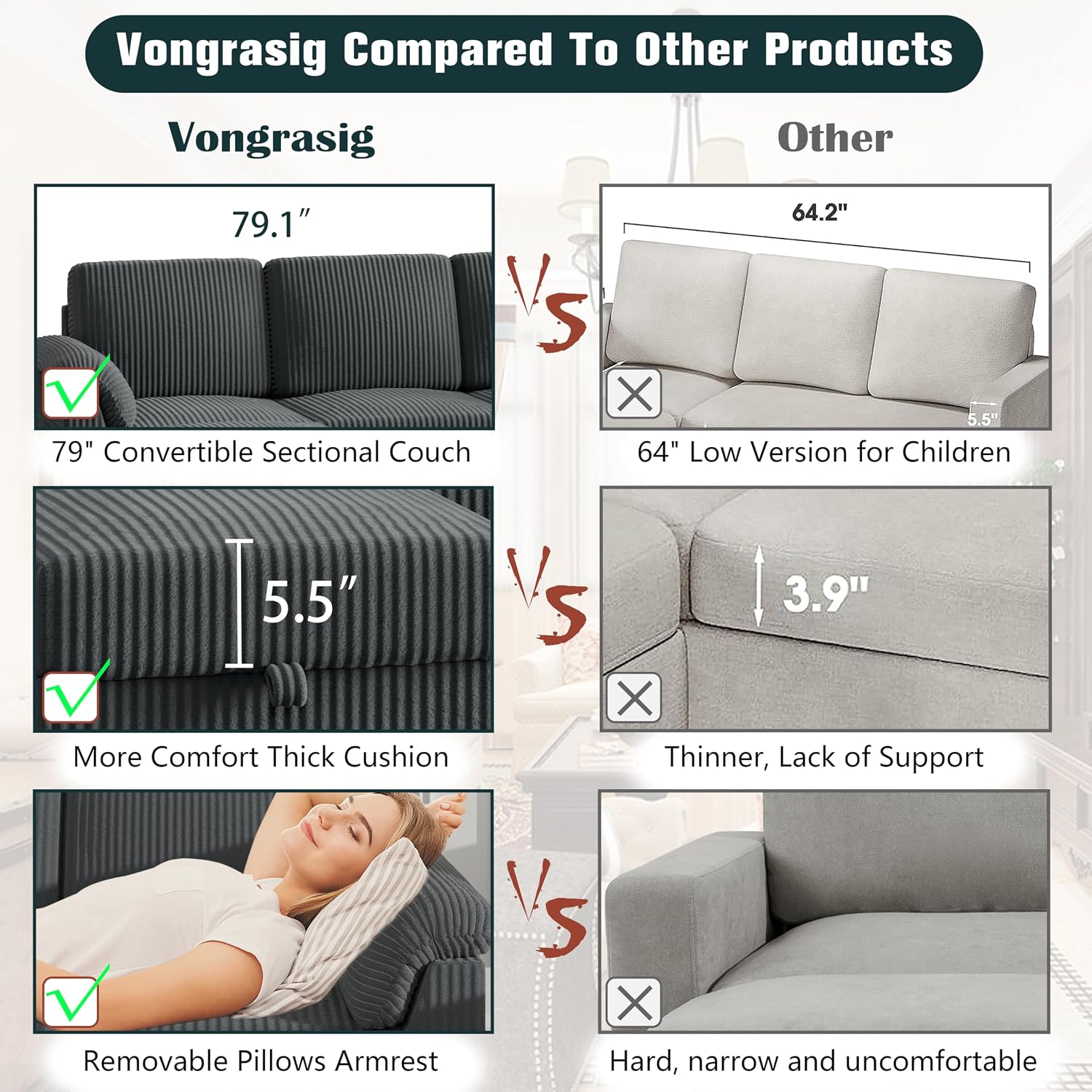 Vongrasig 79" Convertible Sectional Couches Sofa with Storage Ottoman, 3 Seat L Shaped Couch with Side Storage Pockage, Small Couches for Living Room, Apartment and Small Space, Grey